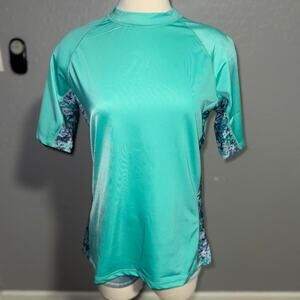 Kanu Surf Turquoise Short Sleeve Rash Guard Swim Shirt Green Floral